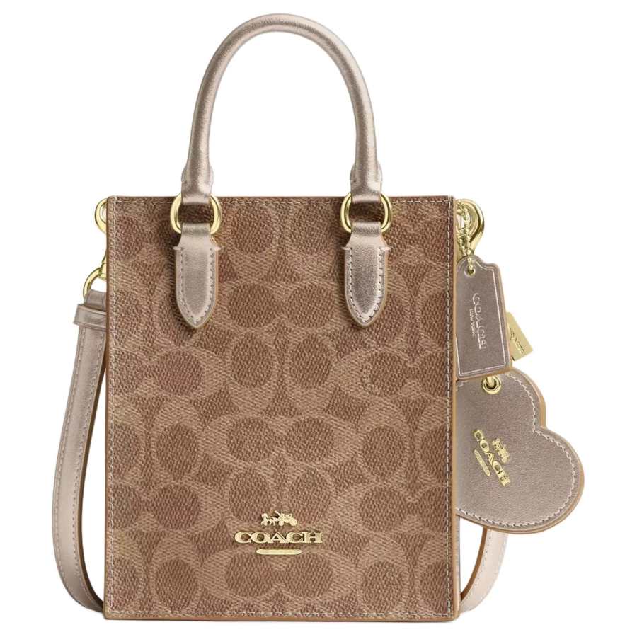 COACH Boxed Coated Canvas With Leather Sheet Music Bag, Shoulder Bag, Crossbody Bag, Handbag Mini Women's Khaki