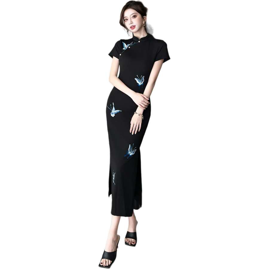 VENICEW Short Sleeved Dresses Women's Black Stand Collar Thin Long