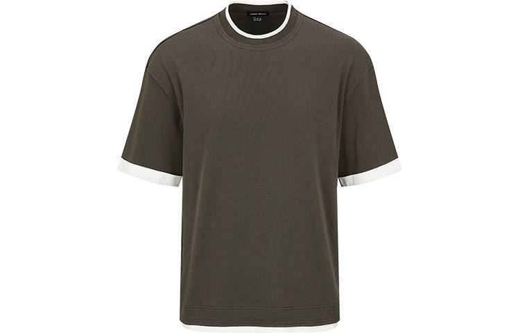 URBAN REVIVO T Shirts Men's Green Khaki Crew Neck Moderate Mock Two Piece