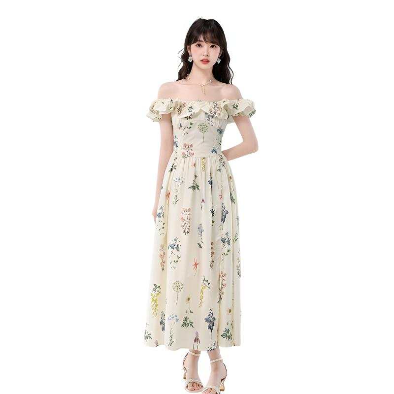 SIXUSICHOU Short Sleeved Dresses Women's Apricot Square Collar Moderate Mid Length