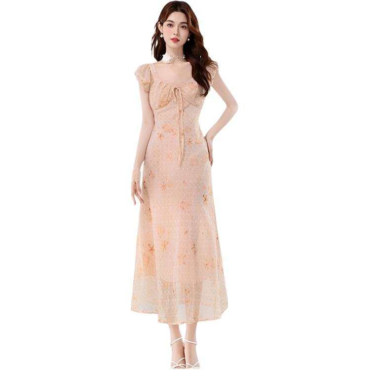 SIXUSICHOU Sleeveless Dresses Women's Coral Powder Square Collar Thin Long