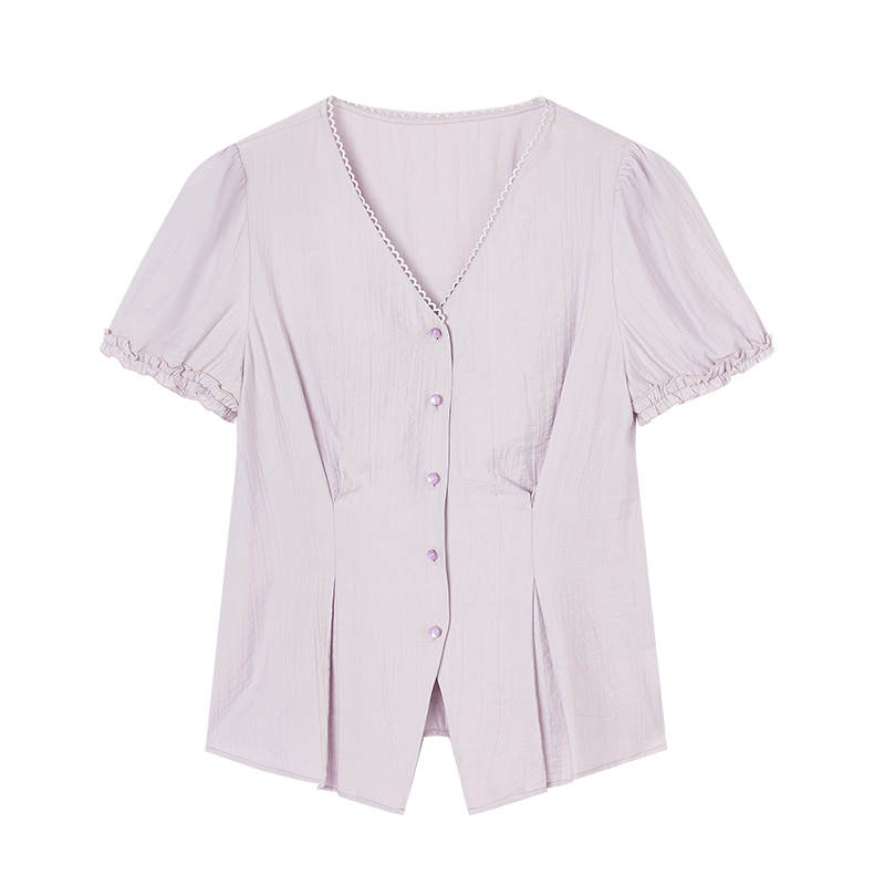 XIANGYING Shirts Women's Purple V Neck Moderate Nipped In Waist