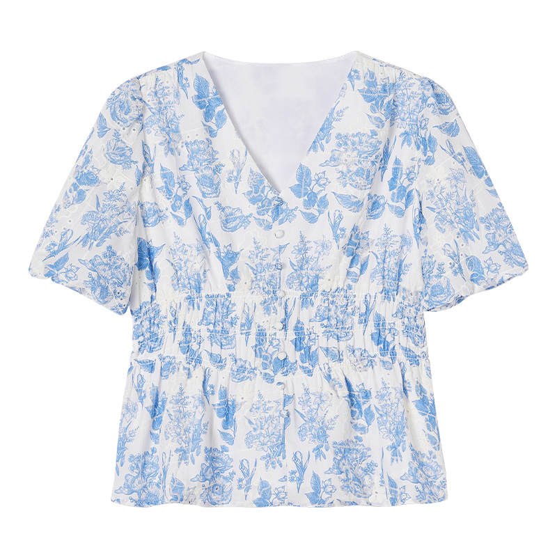 XIANGYING Shirts Women's Blue Floral V Neck Thin Shirt