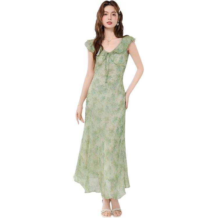 SIXUSICHOU Sleeveless Dresses Women's Light Green V Neck Thin Long