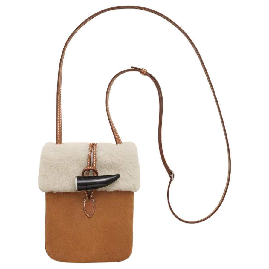 HERMES Grizzly, Merino Wool, Swift Calfskin Cell Phone Pouch Unisex Rock Antelope Brown & Gold & Light Beige