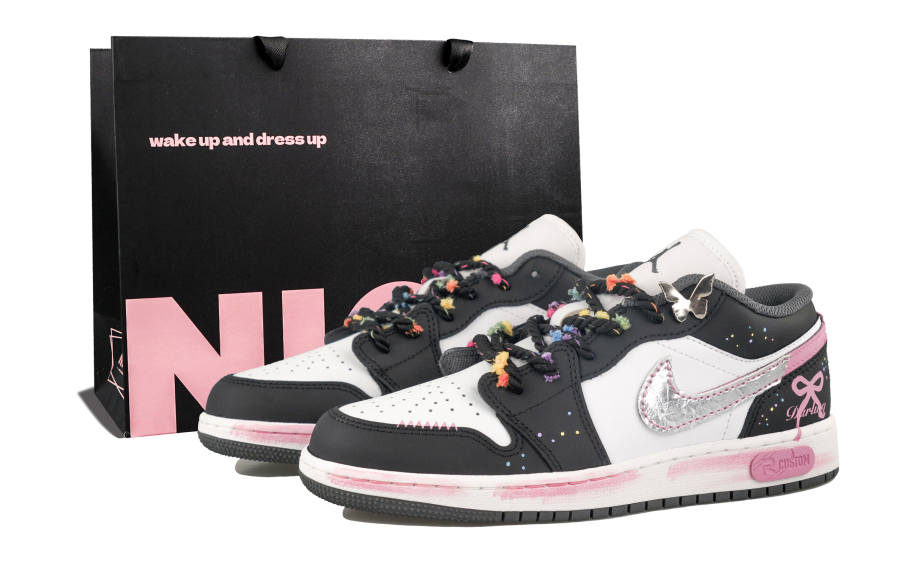 Jordan Jordan Air Jordan 1 Pink Ink Butterfly Dream Low top Children's Basketball Shoes Black Pink Unisex