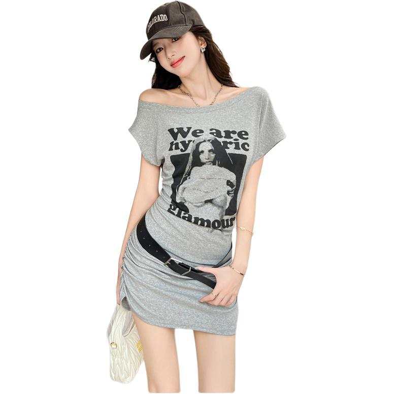 VENICEW Short Sleeved Dresses Women's Asymmetrical Collar Thin Extra Short