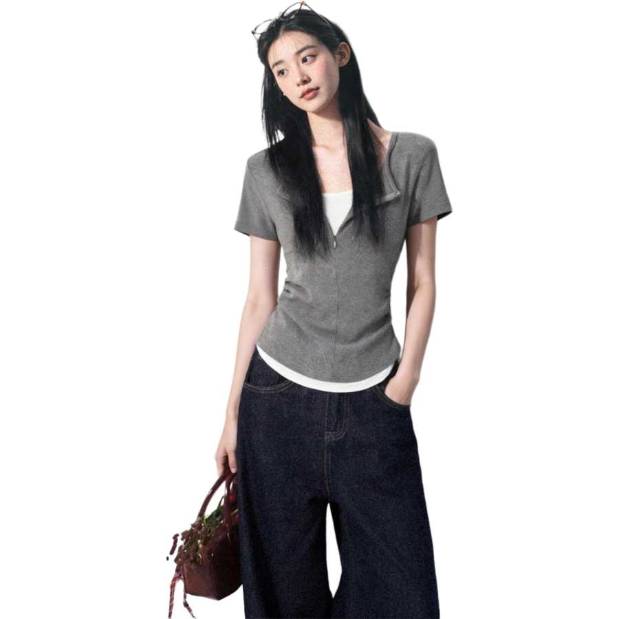 Cotton Gene T Shirts Women's Gray V Neck Thin Nipped In Waist