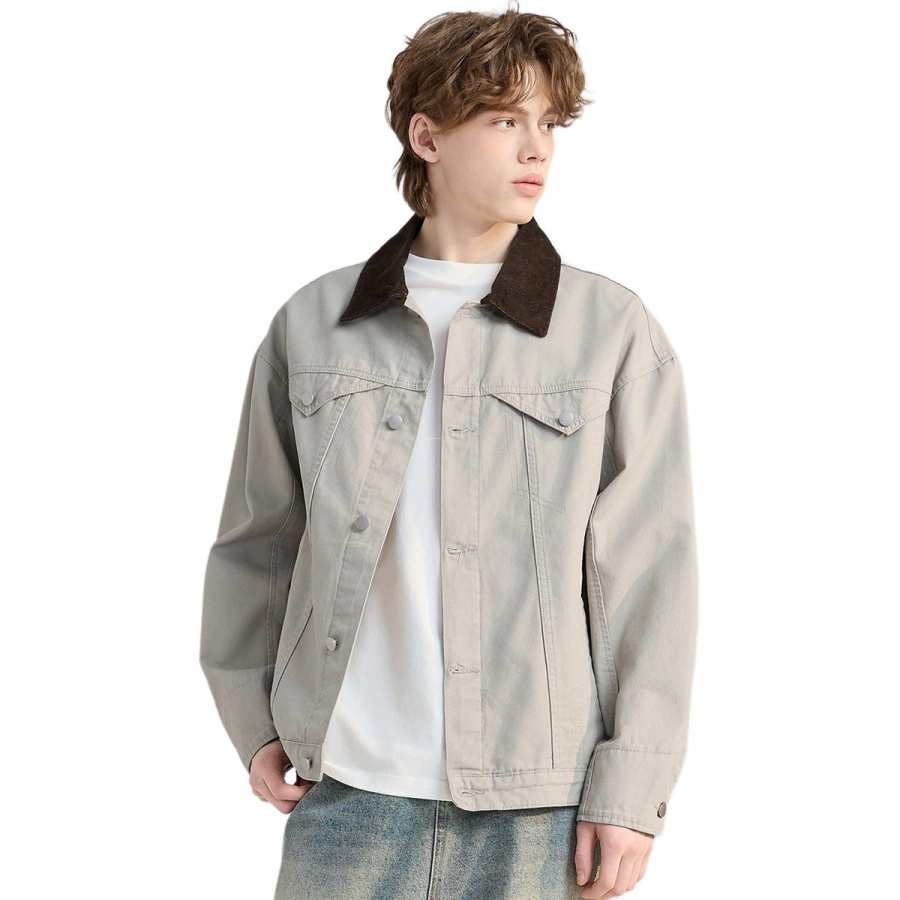 Tonlion Denim Jackets Men's Apricot Gray Lapel Moderate Straight Fit