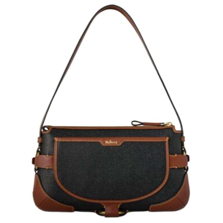 Mulberry Scottish Grain Fabric Shoulder Bag Women's Black & Cognac Brown