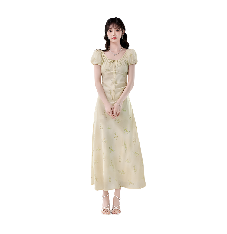 SIXUSICHOU Short Sleeved Dresses Women's Yellow Square Collar Thin Long