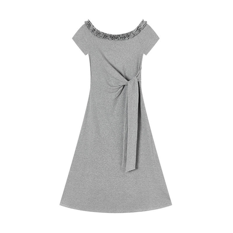 XIANGYING Short Sleeved Dresses Women's Light Gray Boat Neck Moderate Mid Length