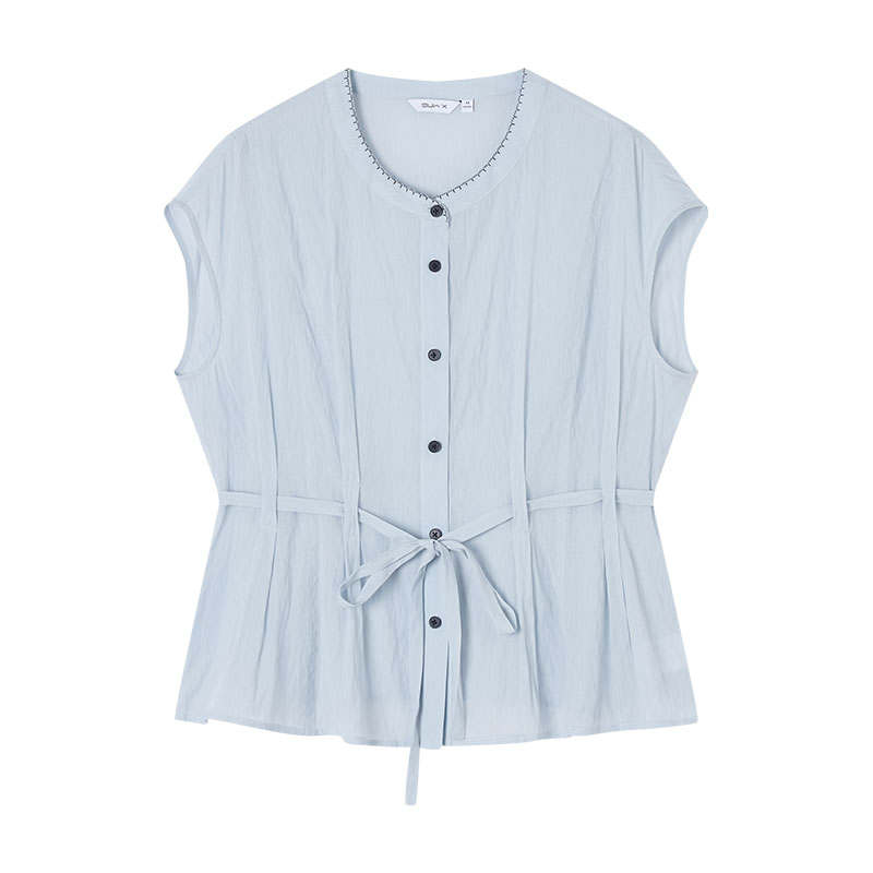 XIANGYING Shirts Women's Nautical Blue Crew Neck Thin Nipped In Waist