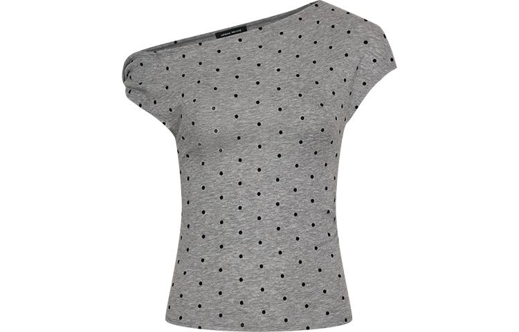 URBAN REVIVO T Shirts Women's Cool Gray Print Asymmetrical Collar Thin
