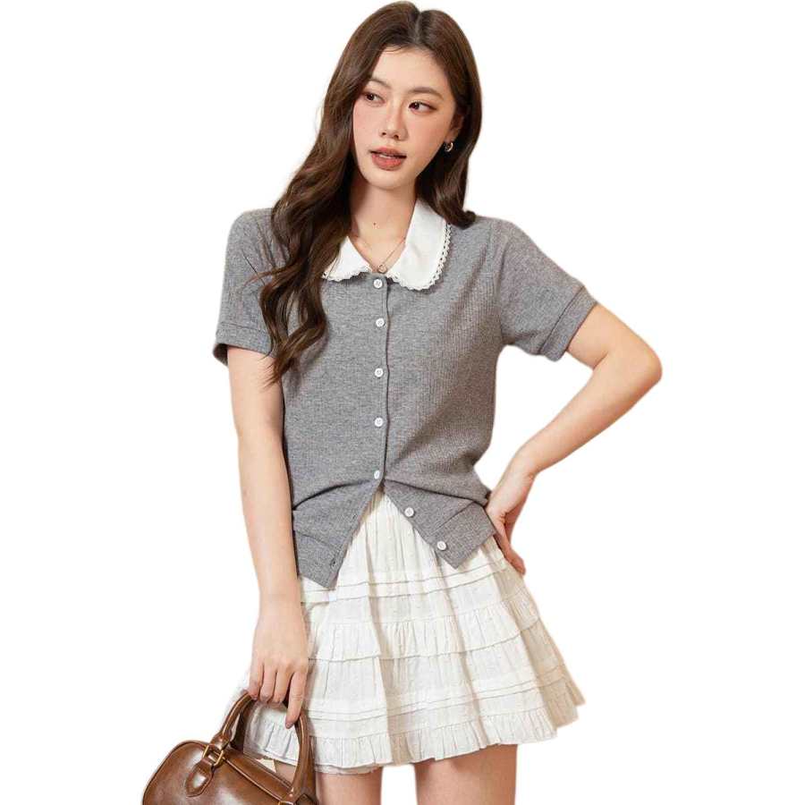BALENO T Shirts Women's Heather Gray Peter Pan Collar