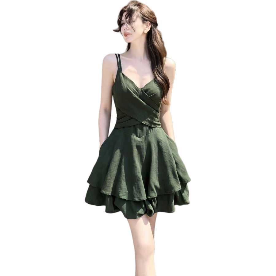 Cotton Gene Slip Dresses Women's Green V Neck Moderate Short