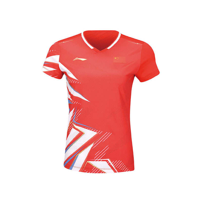 Li-Ning Li Ning T Shirts Women's Vermilion Standard White V Neck