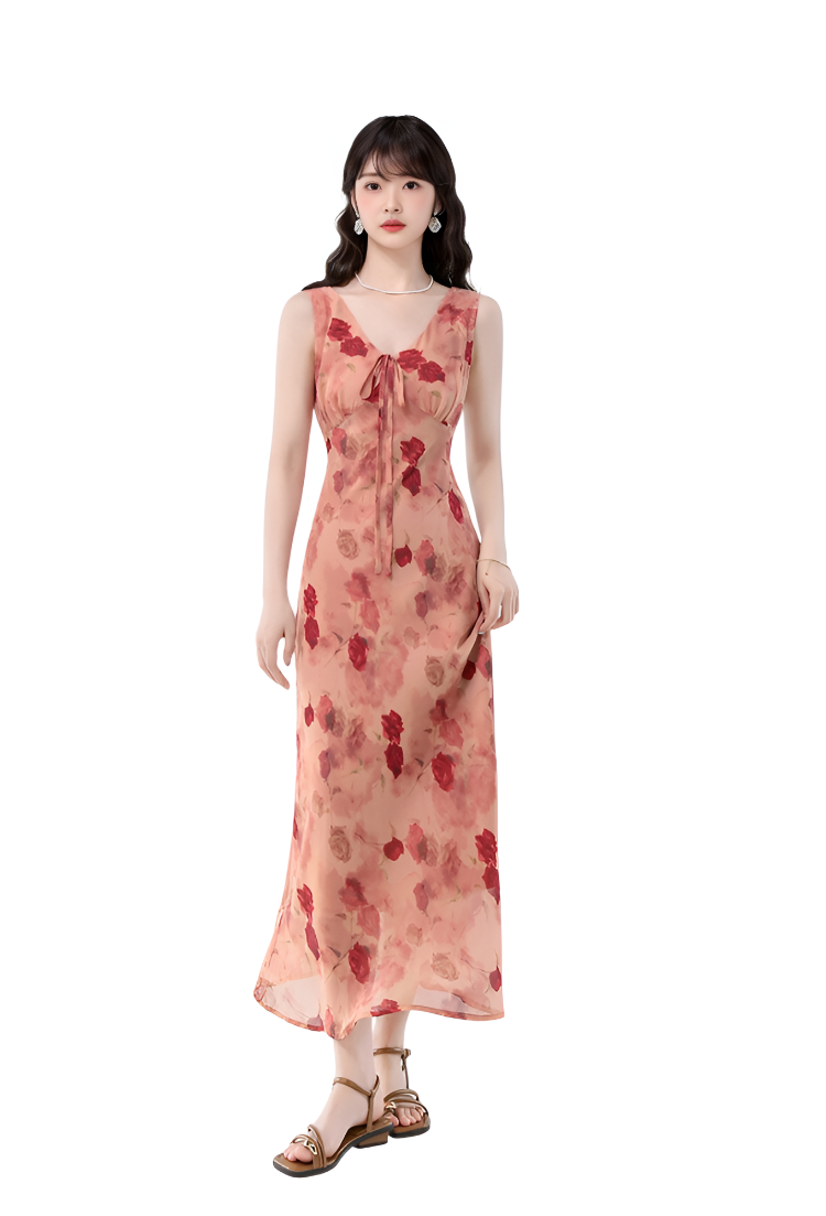SIXUSICHOU Slip Dresses Women's Vintage Red Rose V Neck Thin Long