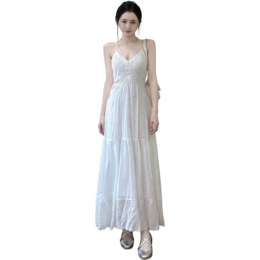 Cotton Gene Slip Dresses Women's White Dress V Neck Thin Long