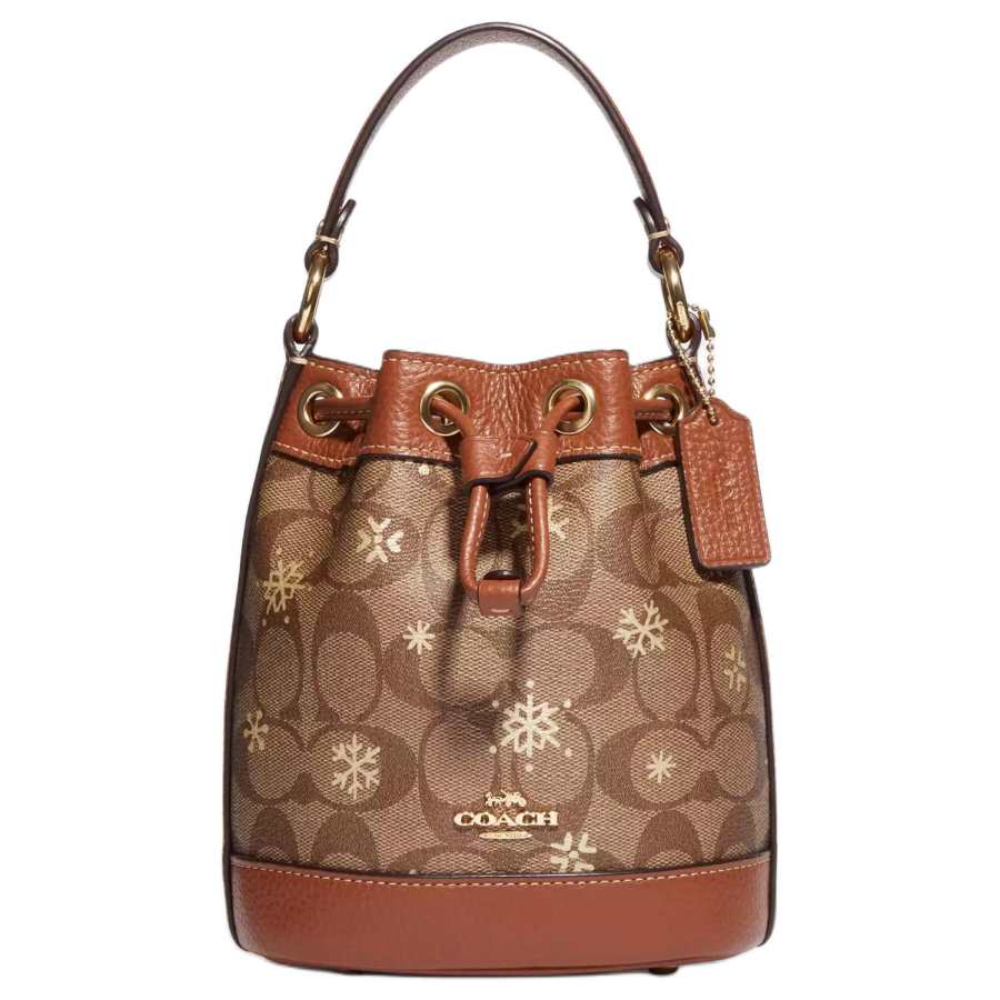COACH Dempsey Signature Coated Canvas With Litchi Grain Leather Bucket Bag Handbag Mini Women's Brown