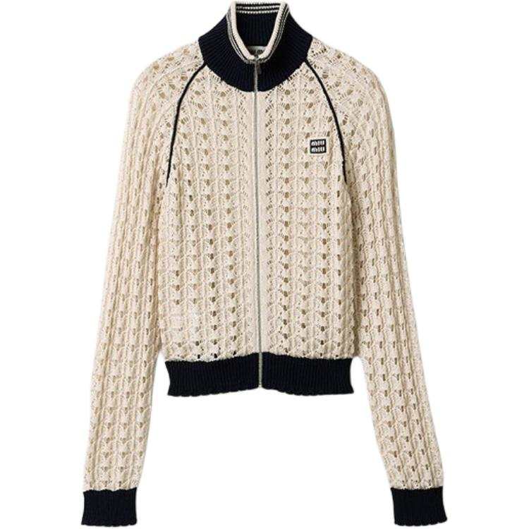 MIU MIU Knitwear Women's Beige Stand Collar Moderate Cardigan