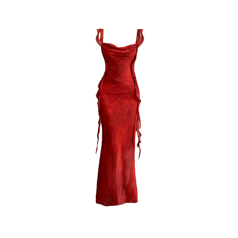 Aghr Aghr Slip Dresses Women's Red Square Collar Thin Long
