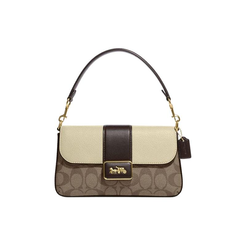 COACH Grace Coated Canvas With Leather Shoulder Bag, Portable Crossbody Bag Mini Women's Khaki & Brown & White