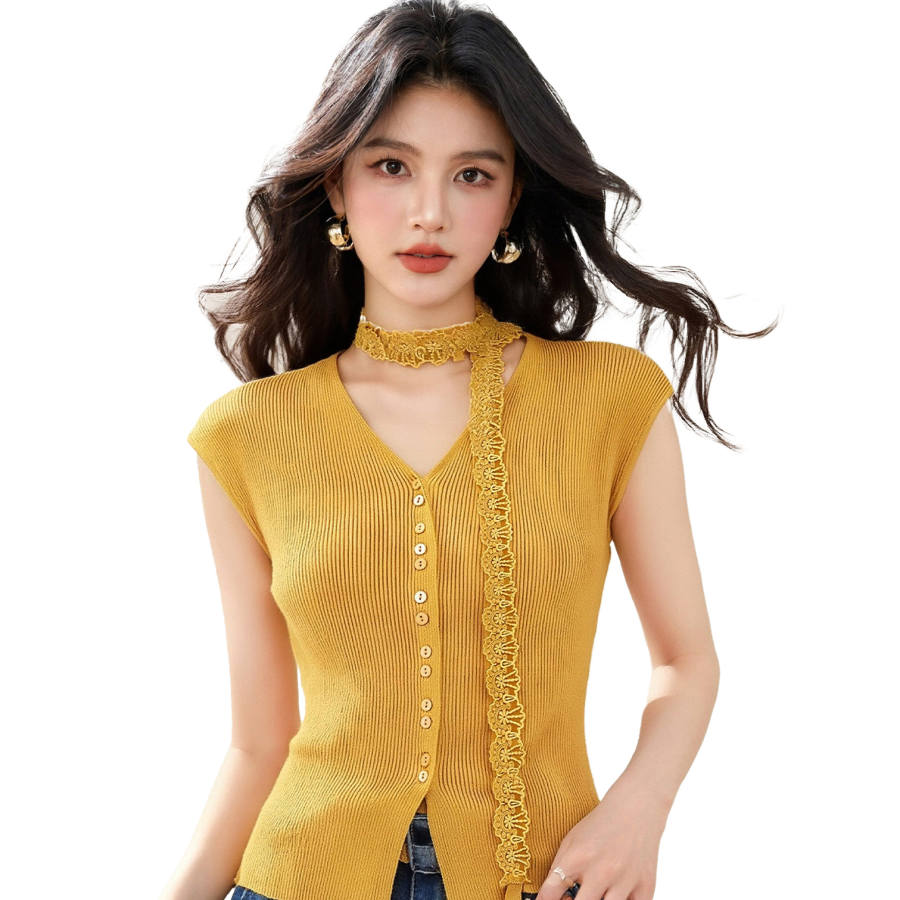 CPAURA Knitwear Women's Yellow With Accessories V Neck Thin