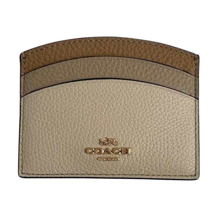 COACH Card Case Polished Pebbled Leather Card Holder Women's Gold With Ivory