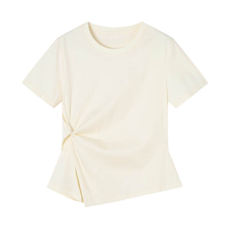 XIANGYING T Shirts Women's Light Yellow Crew Neck Thin Nipped In Waist