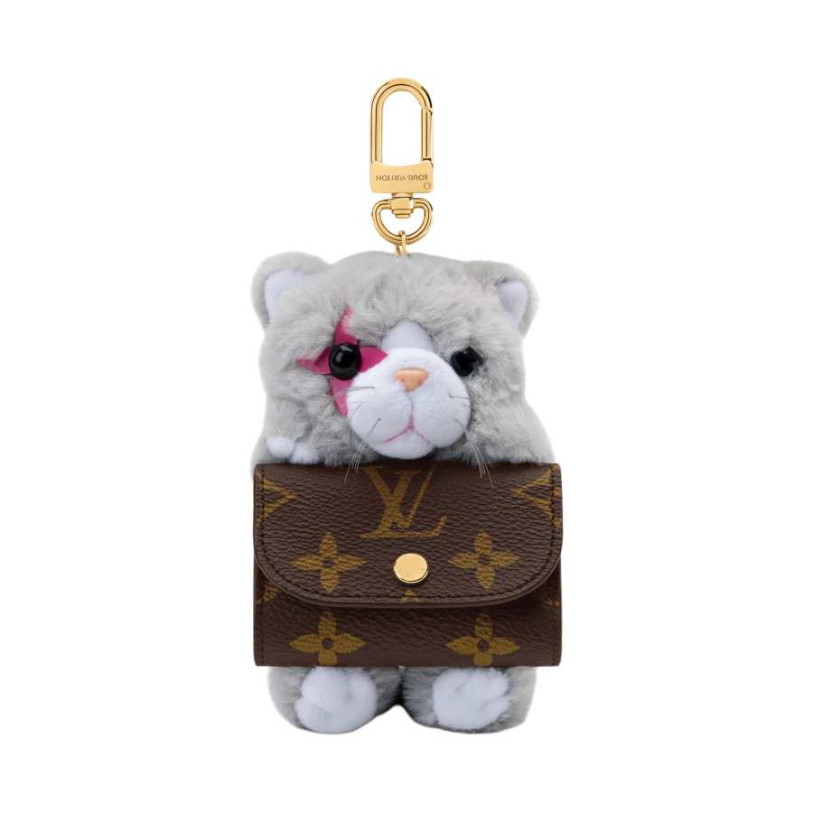 LOUIS VUITTON Monogram Coated Canvas With Faux Fur Earphone Case Women's Brown & Gray