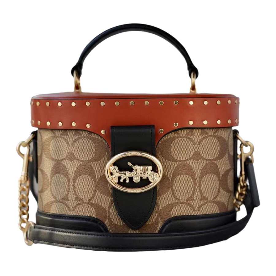COACH Georgie Canvas With Refined Cow Leather Box Bag, Shoulder Bag, Crossbody Bag Small Women's Red & Brown
