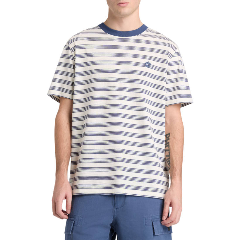 Timberland T Shirts Men's Light Blue Stripes Crew Neck Moderate Straight Fit