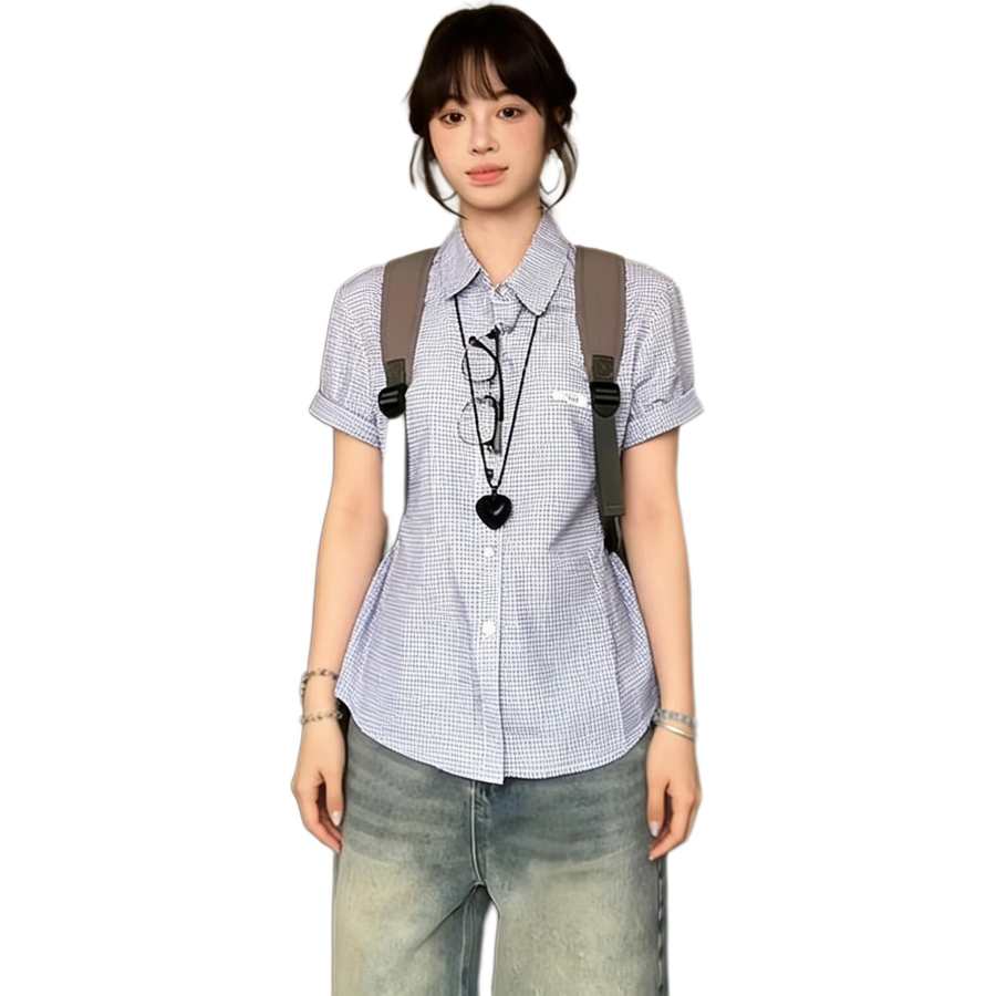 Cotton Gene Shirts Women's Blue White Plaid Lapel Thin