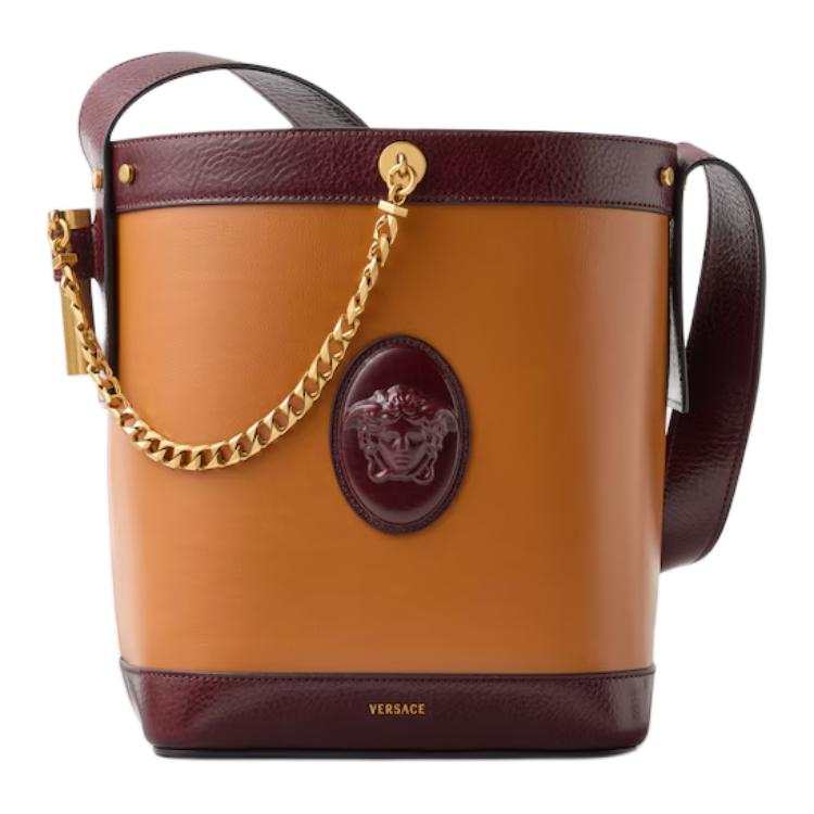 VERSACE Calfskin Bucket Bag, Shoulder Bag Small Women's Brown