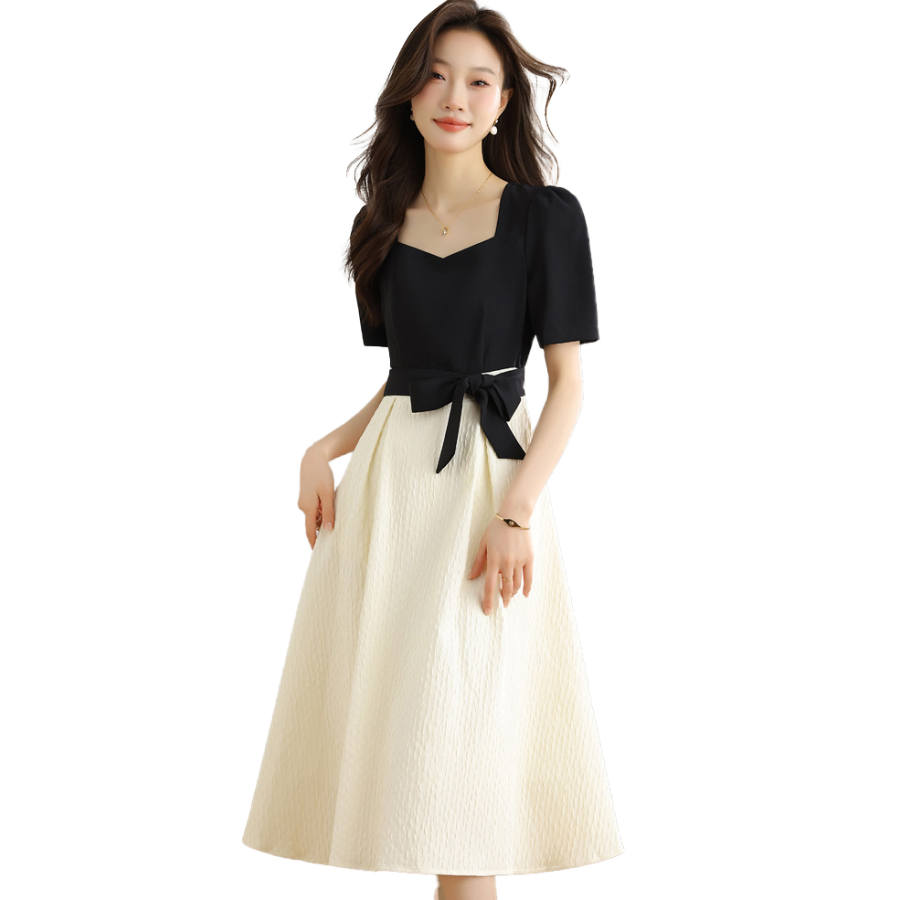 CPAURA Short Sleeved Dresses Women's Black Square Collar Thin Short