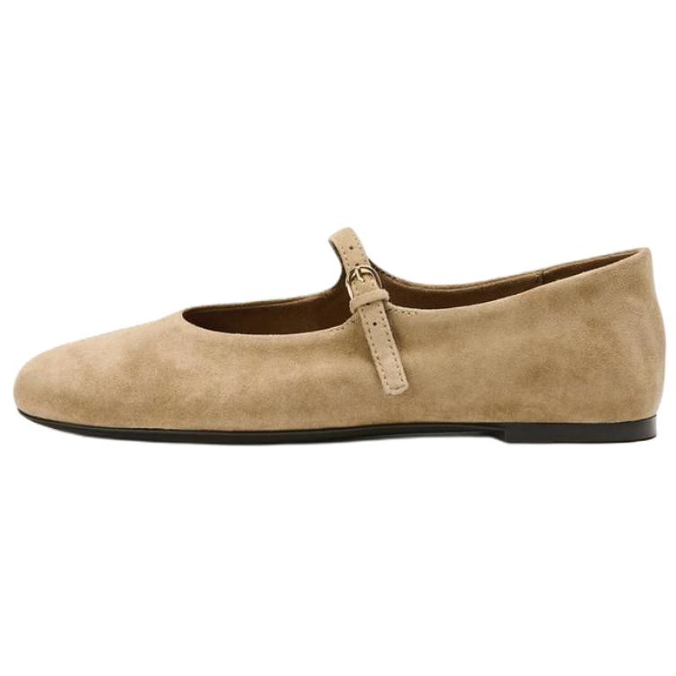 ZARA Sheepskin Flat Mary Jane Shoes 1cm Women's Sandy Brown