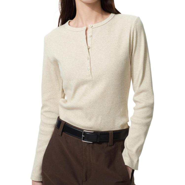 UNIQLO T Shirts Women's Light Beige Henry Collar