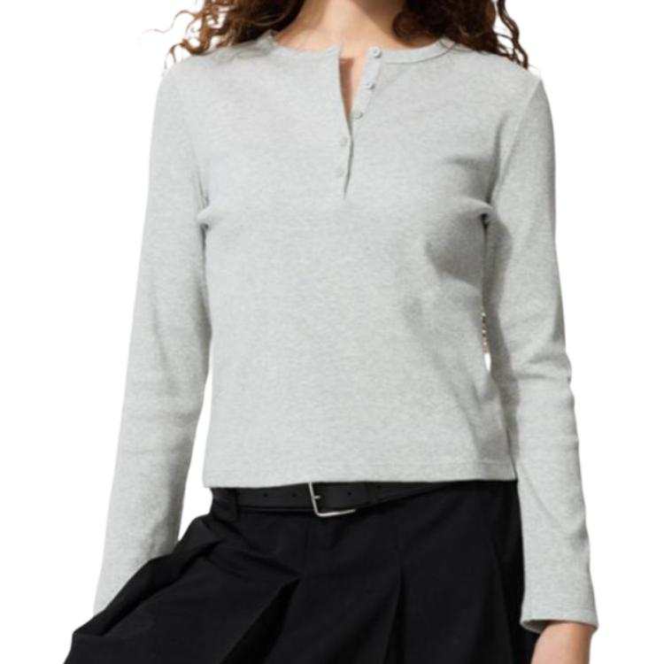 UNIQLO T Shirts Women's Light Gray Henry Collar