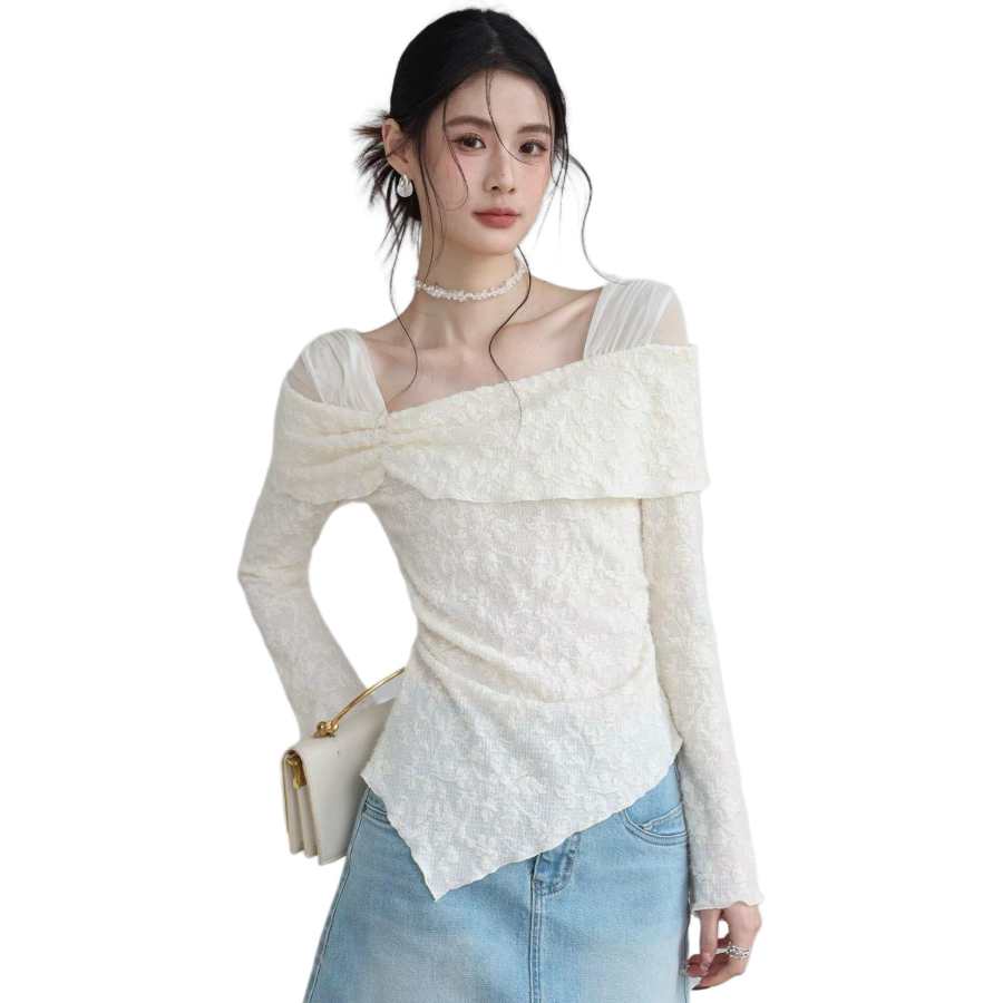 VENICEW T Shirts Women's Apricot Boat Neck Moderate Other