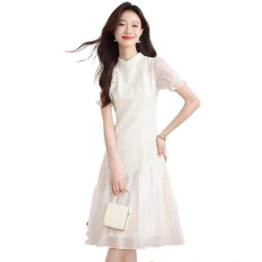 CPAURA Short Sleeved Dresses Women's Apricot Stand Collar Thin