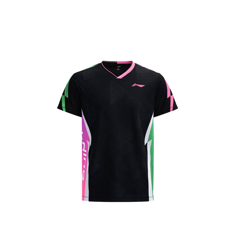 Li-Ning Li Ning T Shirts Unisex Black V Neck Moderate