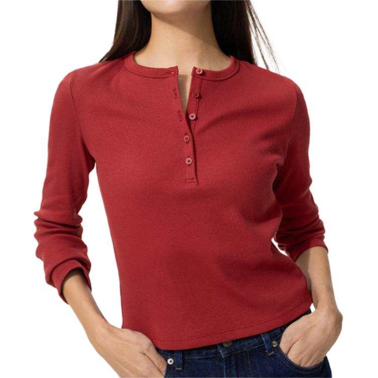 UNIQLO T Shirts Women's Maroon Henry Collar