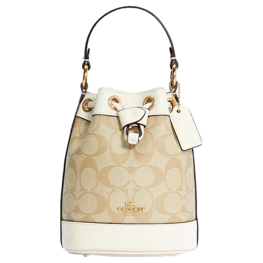 COACH Dempsey Coated Canvas Patchwork Cow Leather Bucket Bag, Crossbody Handbag Mini Women's Light Khaki