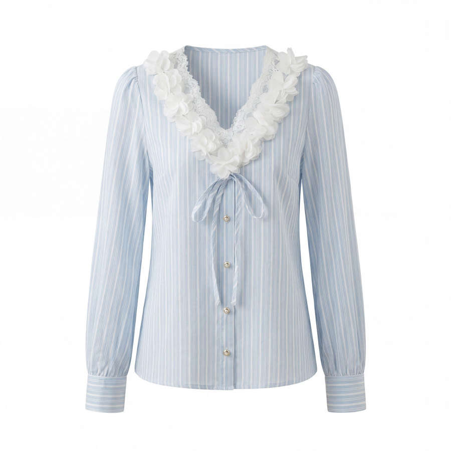 VENICEW Shirts Women's Blue V Neck Shirt