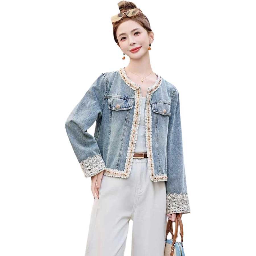 VENICEW Denim Jackets Women's Light Blue Crew Neck Moderate Straight Fit
