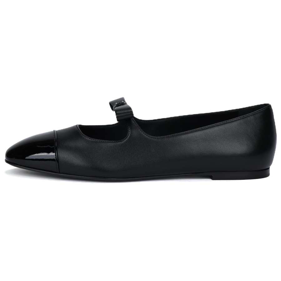 CHANEL 25B Patent Leather Flat Mary Jane Shoes Women's Black