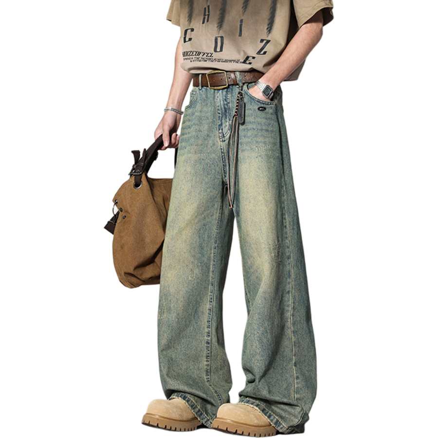 WARRIOR Jeans Unisex Nostalgic Blue DIY Badge Moderate Straight Fit Pants