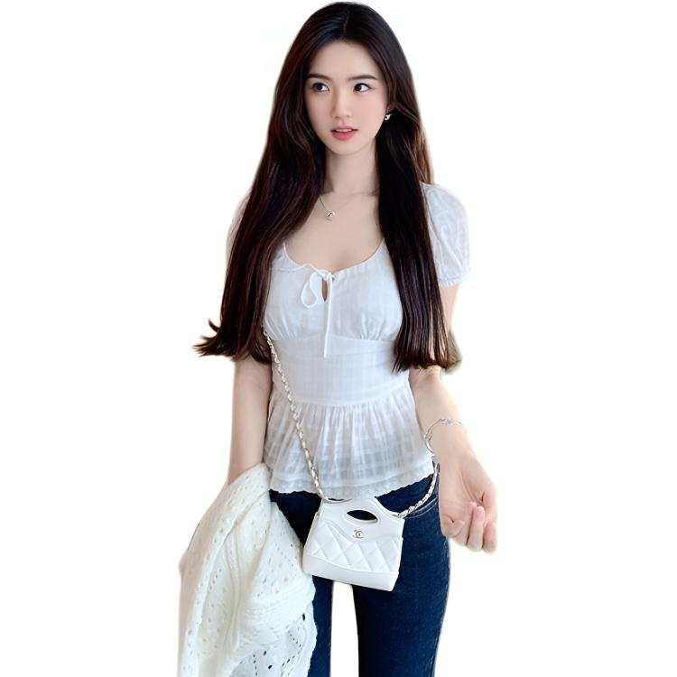 Cotton Gene T Shirts Women's White Square Collar Thin Nipped In Waist