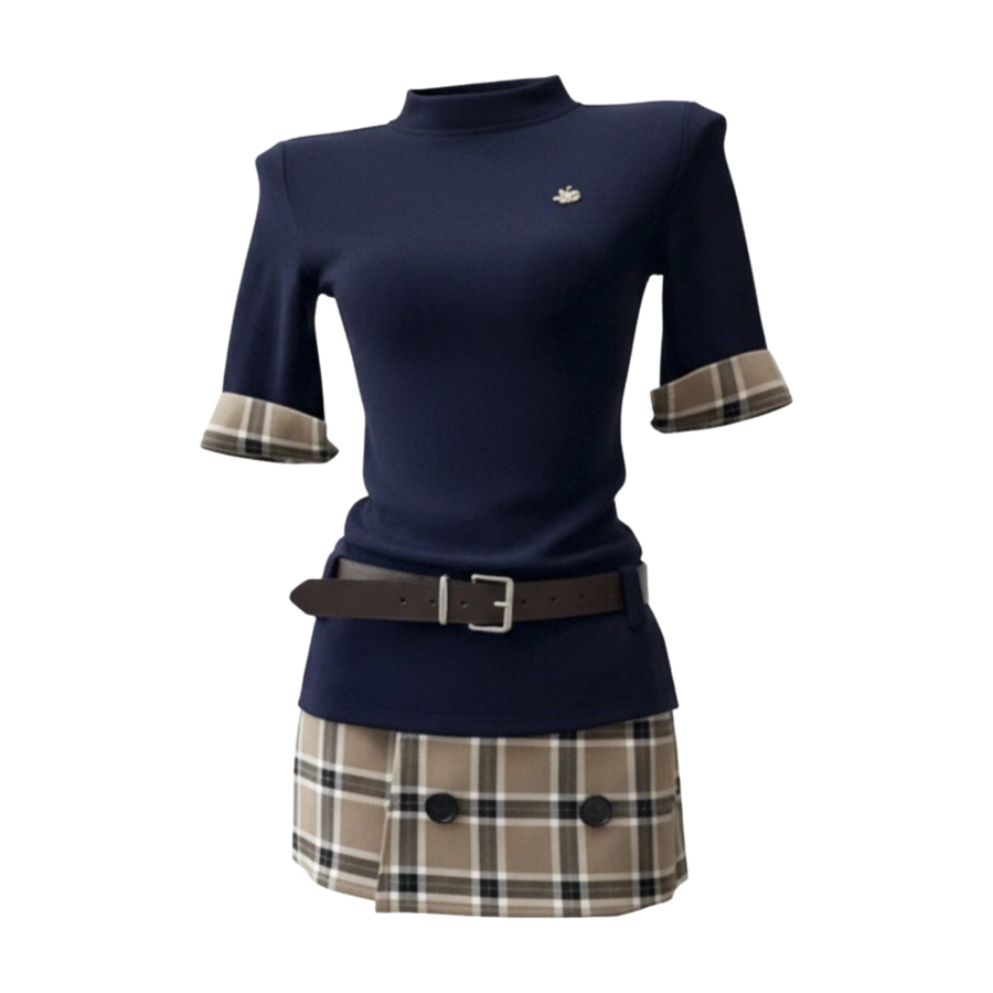 FINDSME GAGA Two Piece Skirt Sets Women's Half Turtleneck Moderate Short